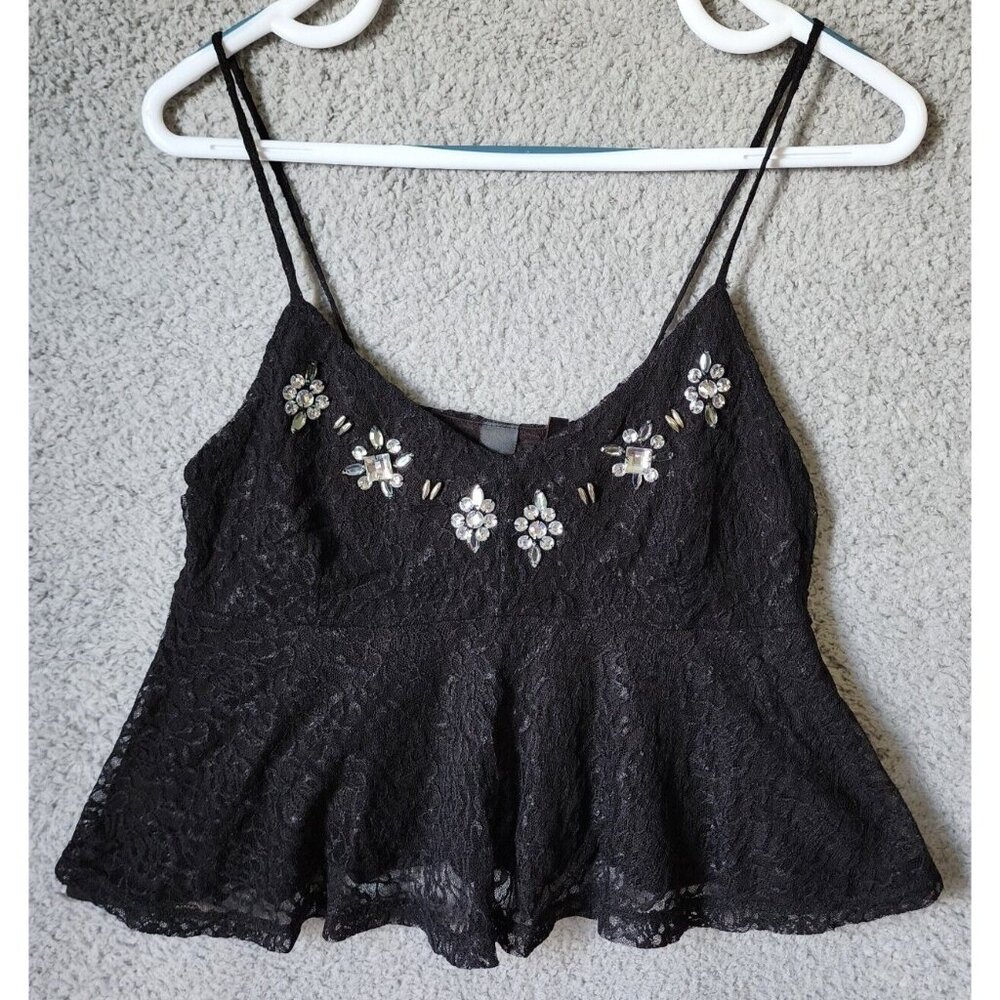 Bongo Women's Sleeveless Jeweled V Neck Peplum Cropped Top Black Lace Size XL